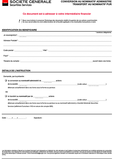 Formulaire Société Générale Securities Services "Conversion au nominatif administré - Transfert au nominatif pur" - télécharger le PDF
