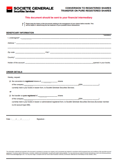 "Conversion to registered shares - Transfer on pure registered shares" Société Générale Securities Services Form - download the PDF